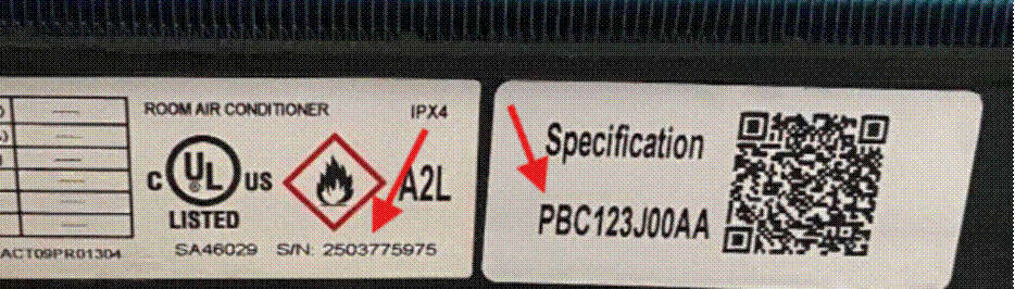 Model PBC123J00AA label example